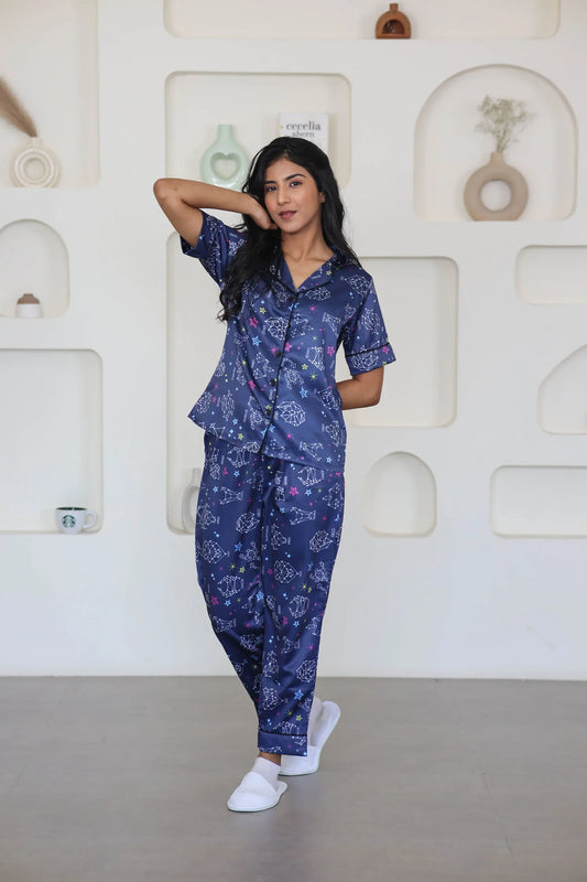 Night Wear Satin Teal Blue Color Horoscope Printed Night Suit
