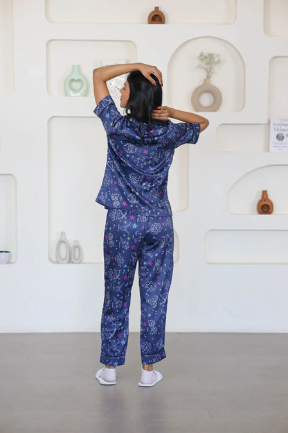 Night Wear Satin Teal Blue Color Horoscope Printed Night Suit