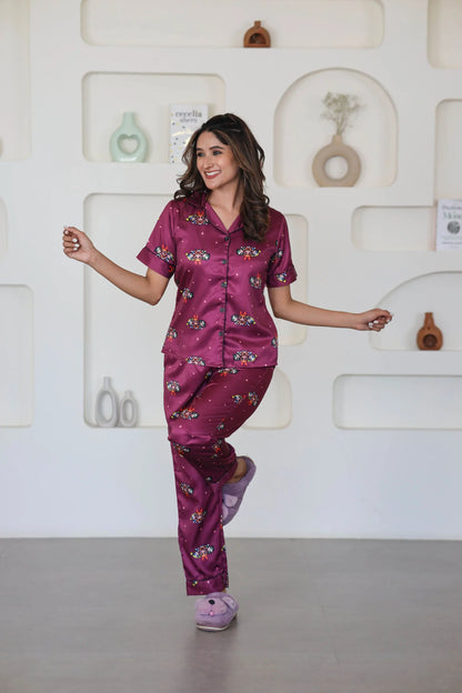 Night Wear Satin Maroon Color Power Puff Girl Cartoon Print Night Suit