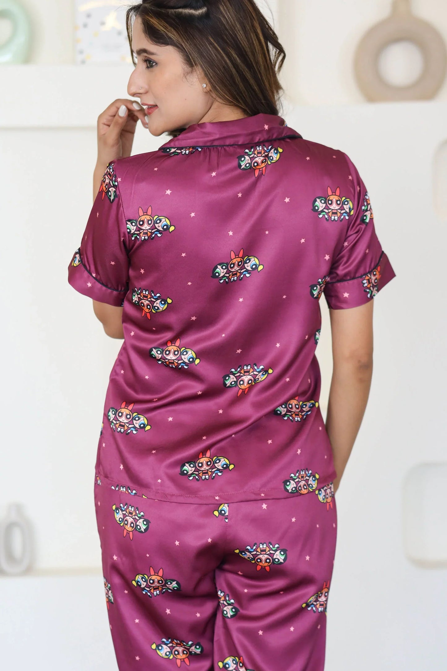 Night Wear Satin Maroon Color Power Puff Girl Cartoon Print Night Suit