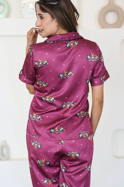 Night Wear Satin Maroon Color Power Puff Girl Cartoon Print Night Suit