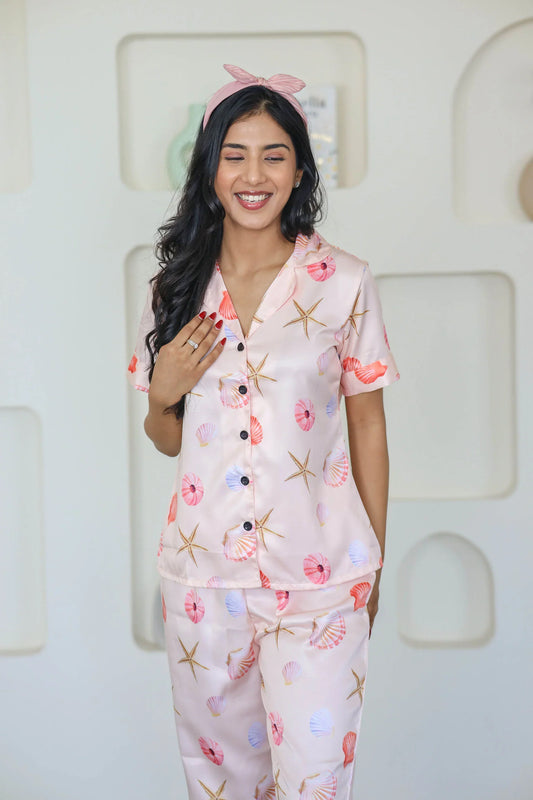 Night Wear Satin Pastel Pink Color Seashells Print Night Suit