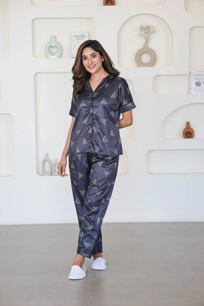 Night Wear Satin Black Color Triangle Print Night Suit