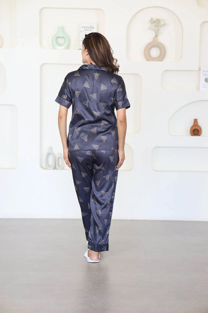 Night Wear Satin Black Color Triangle Print Night Suit