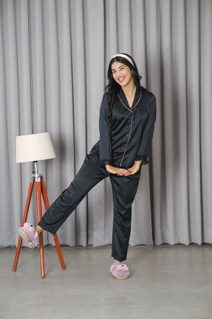 Night Wear Satin Shawl Collar Black Color Night Suit (Copy)