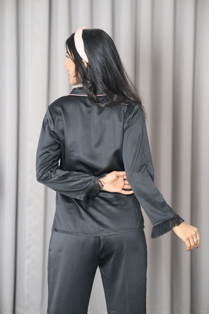 Night Wear Satin Shawl Collar Black Color Night Suit (Copy)