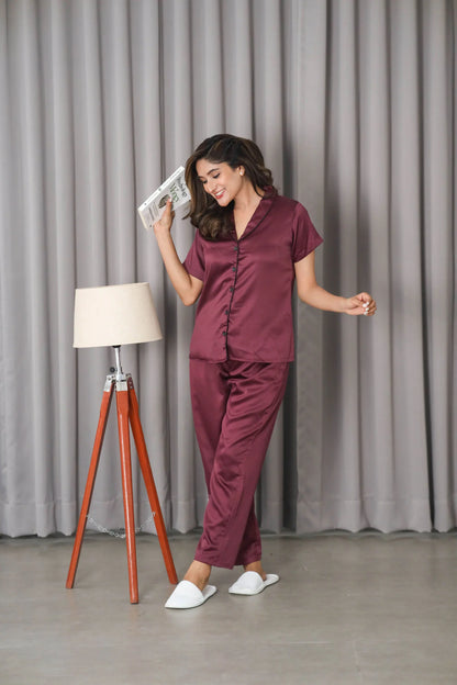 Night Wear Satin Shawl Collar Wine Color Night Suit