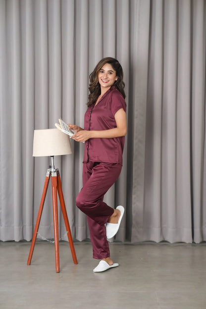 Night Wear Satin Shawl Collar Wine Color Night Suit