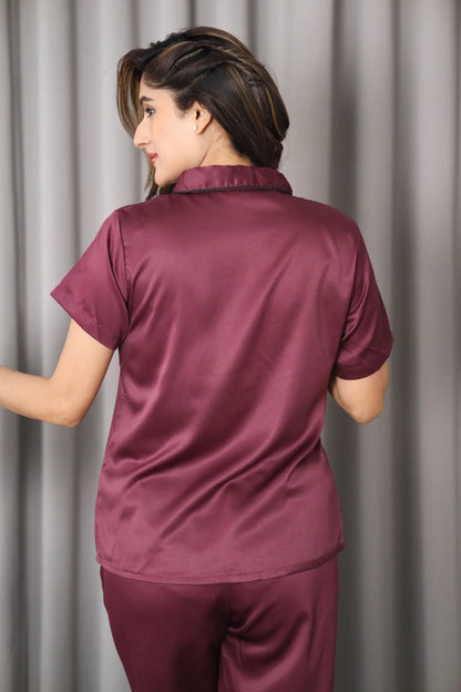 Night Wear Satin Shawl Collar Wine Color Night Suit
