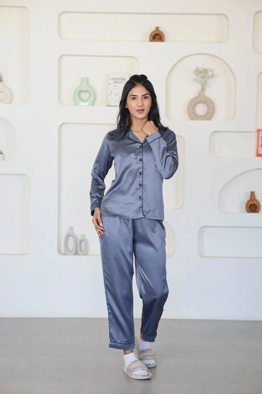 Night Wear Satin Dark Grey Night Suit