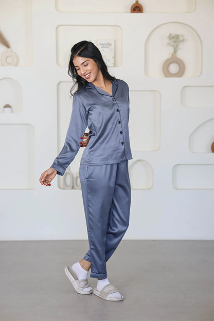 Night Wear Satin Dark Grey Night Suit