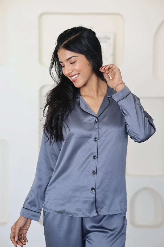 Night Wear Satin Dark Grey Night Suit