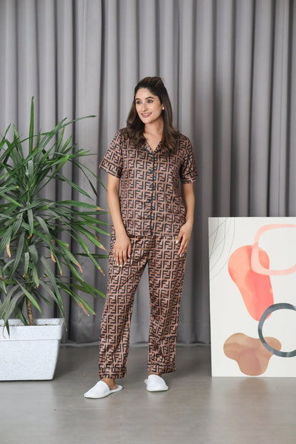 Night Wear Satin Chocolate Brown Color Aztec Printed Night Suit