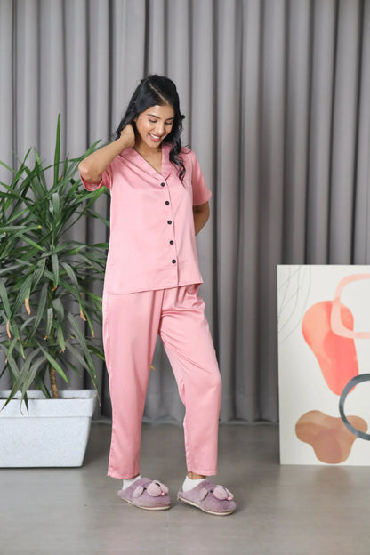 Night Wear Satin Shoulder Collar Rose Gold Color Night Suit