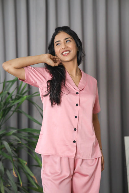 Night Wear Satin Shoulder Collar Rose Gold Color Night Suit