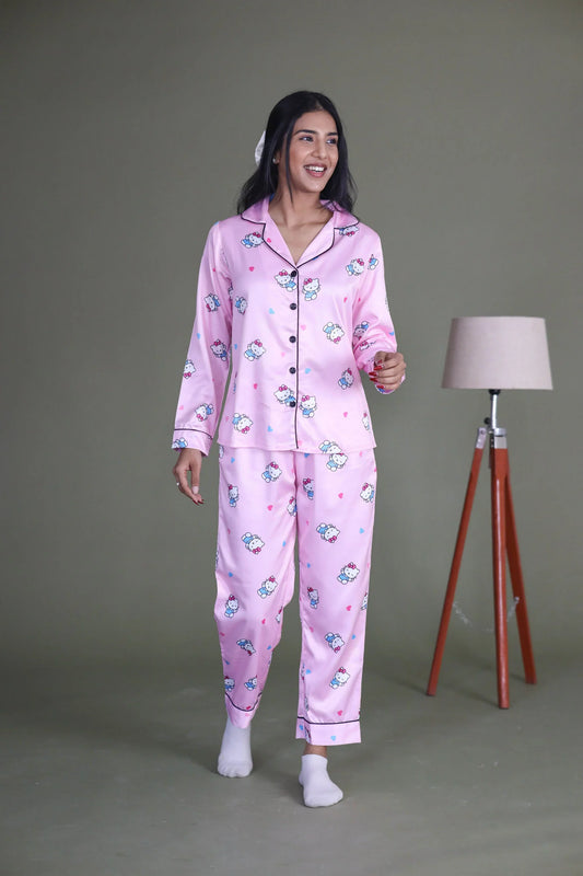 Night Wear Satin Pastel Pink Color Hello Kitty Print  Night Suit