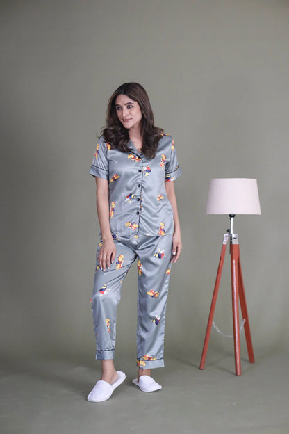Night Wear Satin Grey Color Stuart Little Printed Night Suit