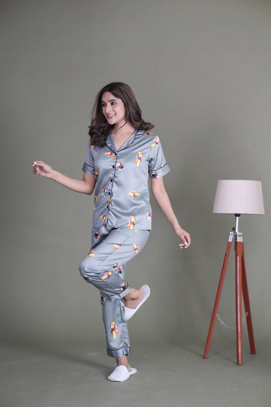 Night Wear Satin Grey Color Stuart Little Printed Night Suit