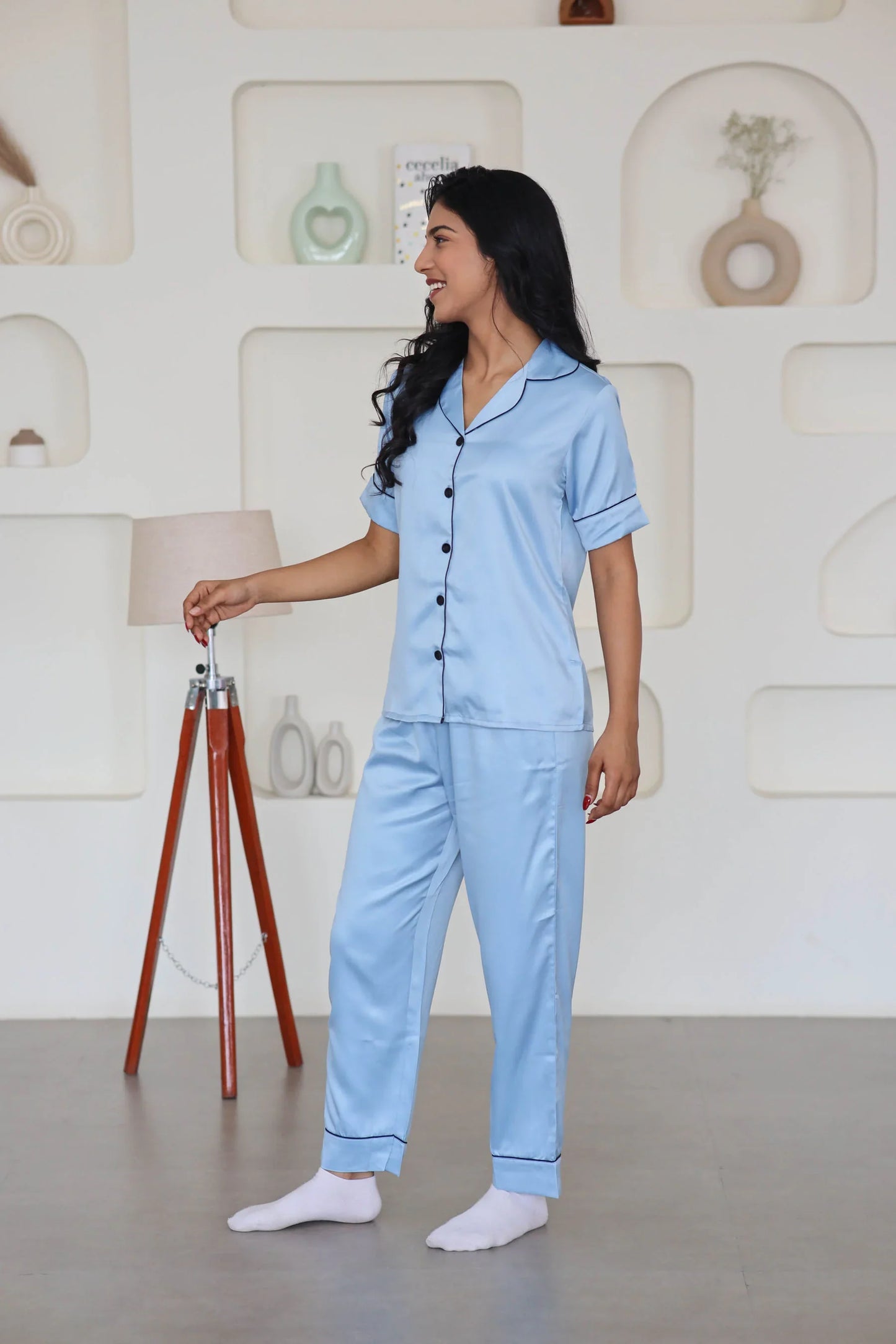 Night Wear Satin Slate Blue Color Night Suit