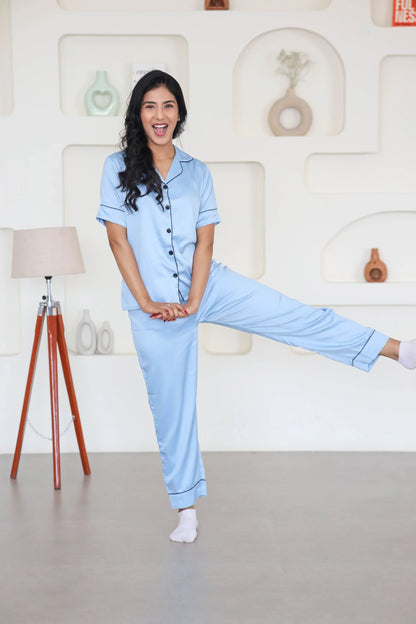 Night Wear Satin Slate Blue Color Night Suit