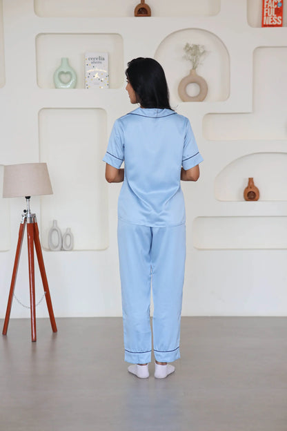 Night Wear Satin Slate Blue Color Night Suit