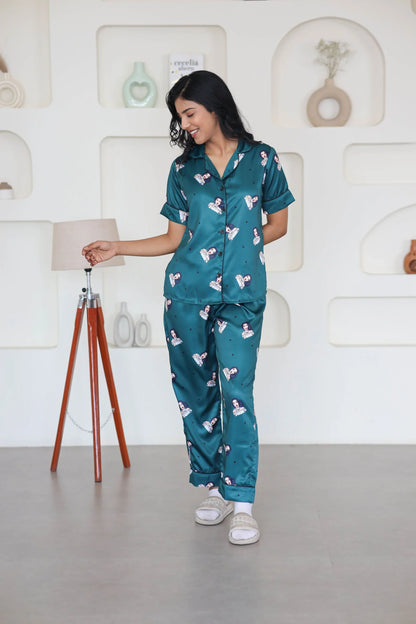 Night Wear Satin Bottle Green Color Quirky Printed Night Suit