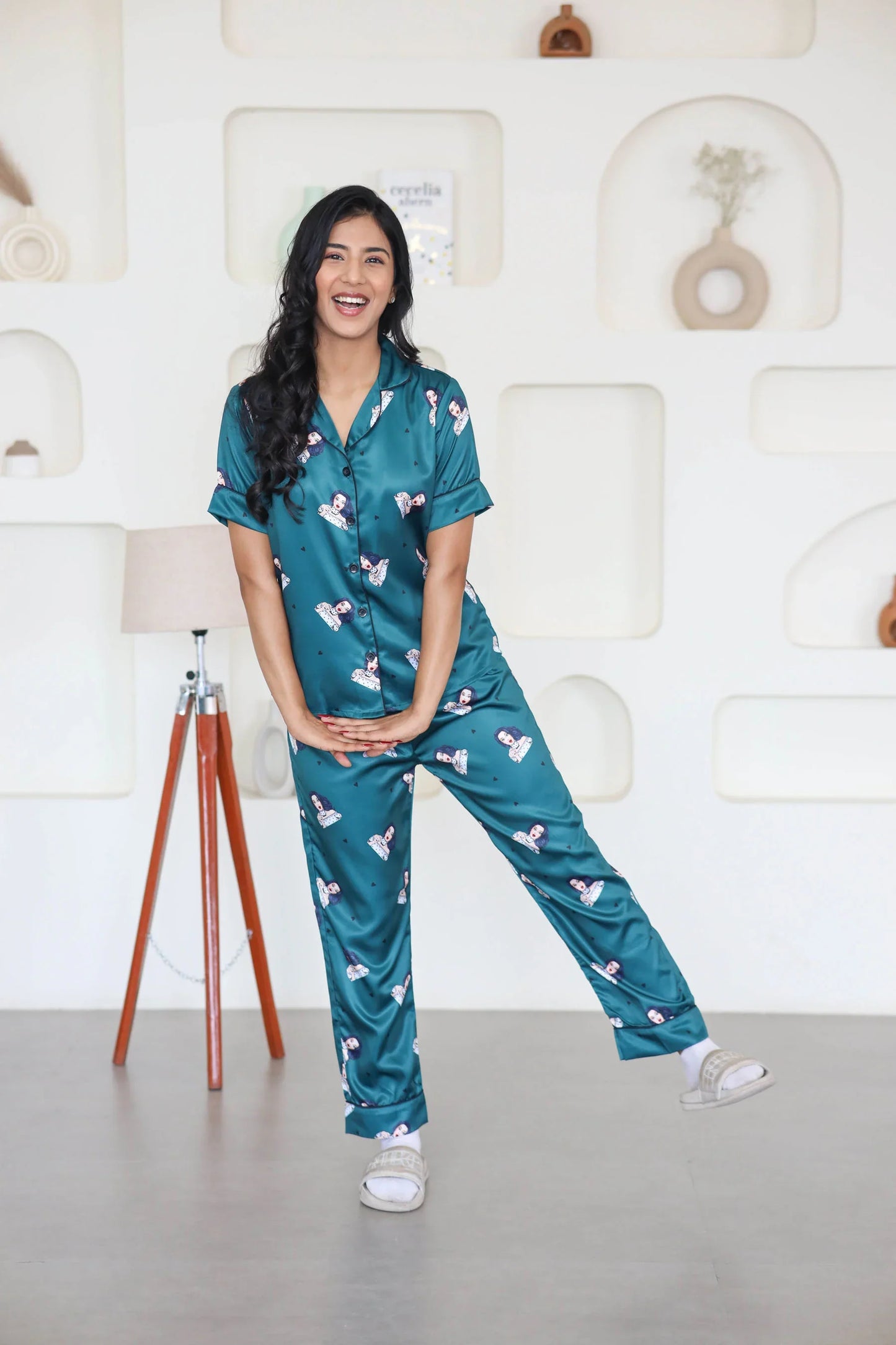 Night Wear Satin Bottle Green Color Quirky Printed Night Suit