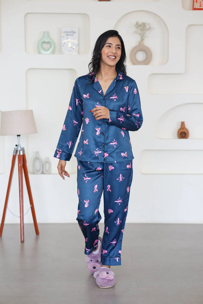 Night Wear Satin Teal Blue Color Pink Panther Print Night Suit
