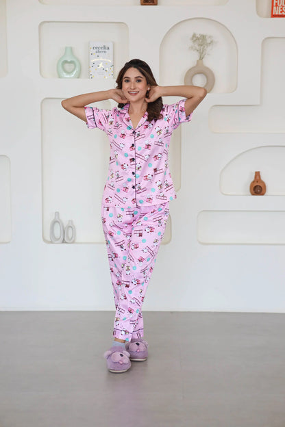 Night Wear Satin Pink Color Teddy Bear Night Suit