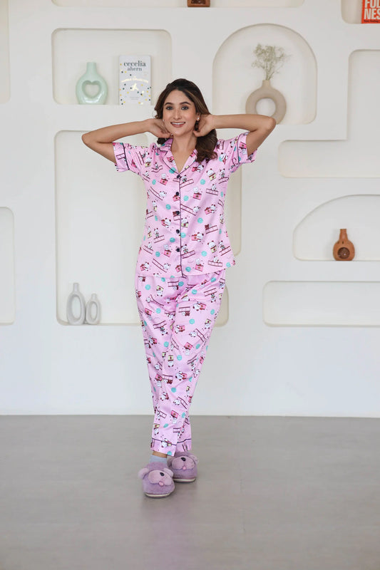 Night Wear Satin Pink Color Teddy Bear Night Suit