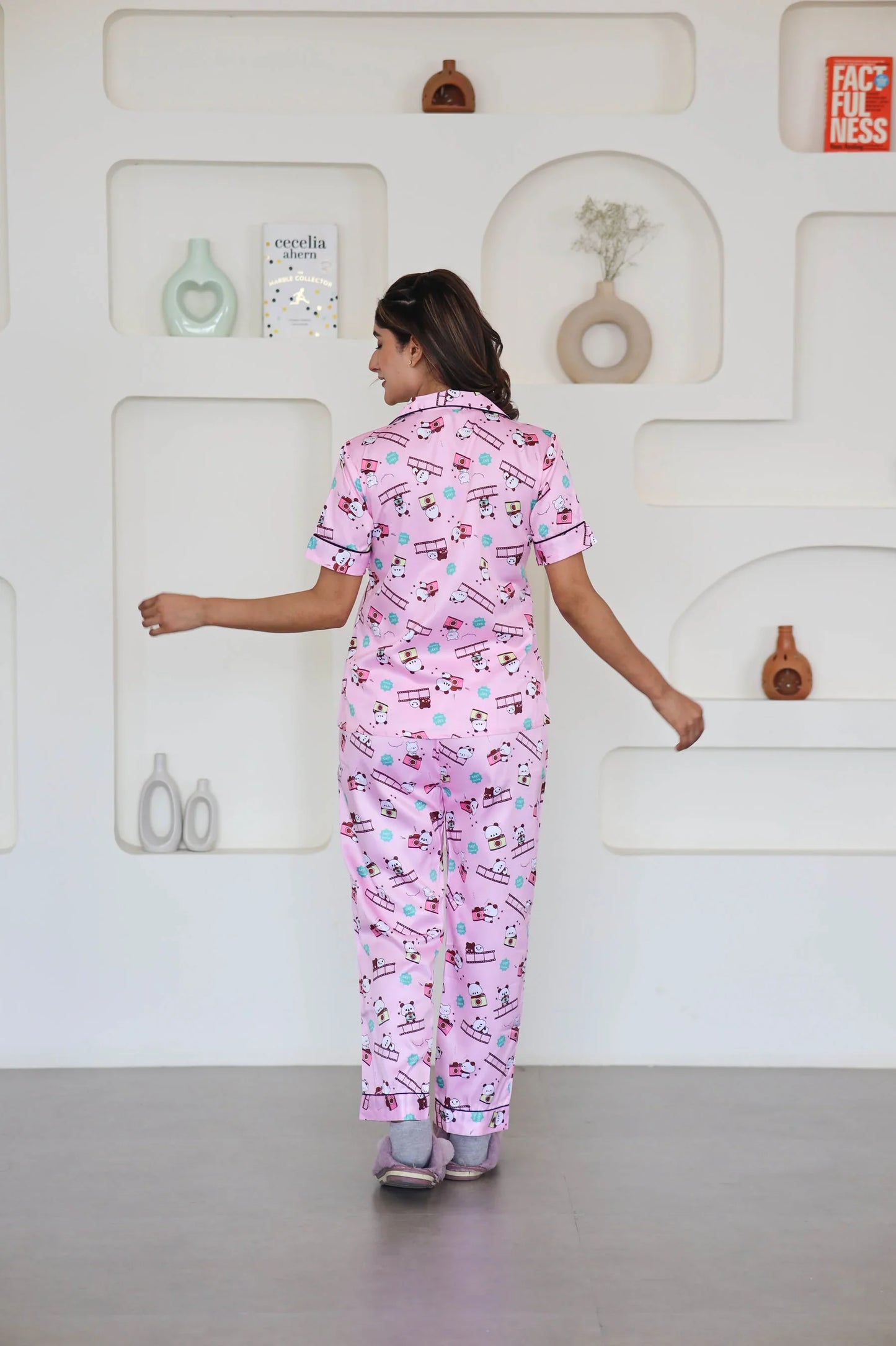 Night Wear Satin Pink Color Teddy Bear Night Suit
