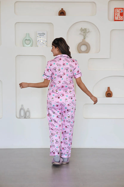 Night Wear Satin Pink Color Teddy Bear Night Suit