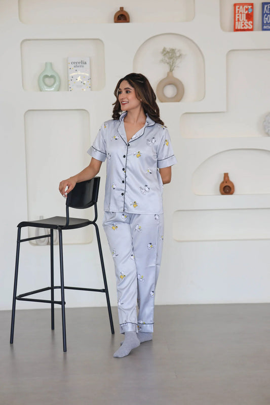 Night Wear Satin Grey Color Snoopy Print Night Suit