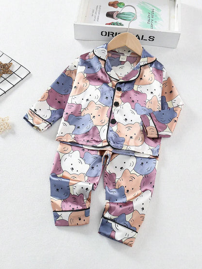 Printed Cat design Satin Co-ord Set for Boys and Girls