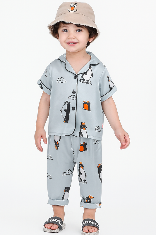 Printed Sky Blue Satin Co-ord Set for Boys and Girls