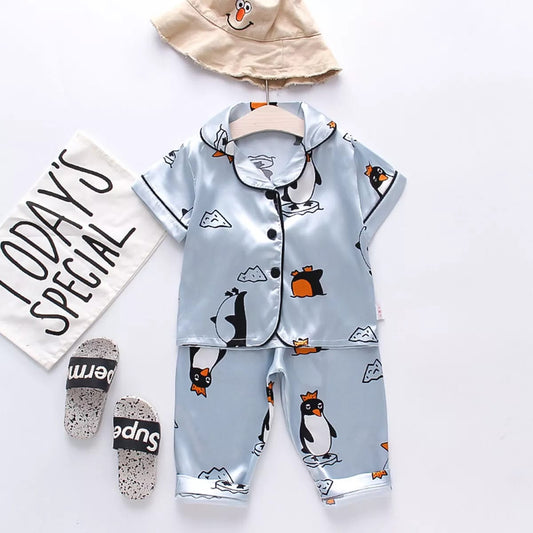 Printed Sky Blue Satin Co-ord Set for Boys and Girls