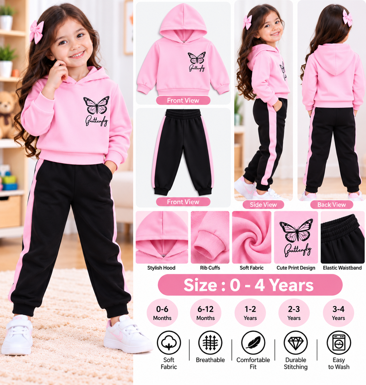 Kids Imported Winter Dress for Boys & Girls(PINK BUTTERFY)