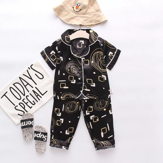 Printed Black Satin Co-ord Set for Boys and Girls