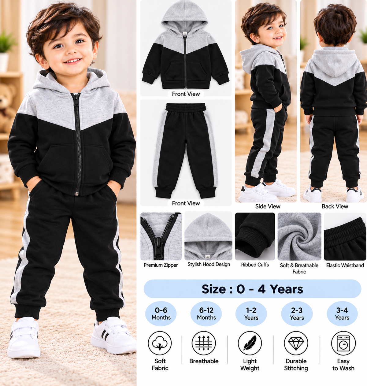 Kids Imported Winter Dress for Boys & Girls(Black Grey Fleece)
