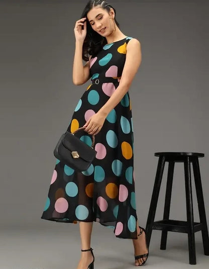 BLACK DOTED MIDDI WOMEN DRESS