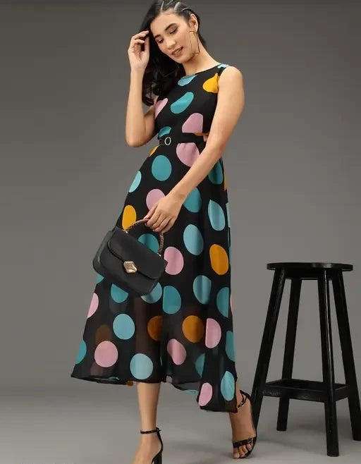 BLACK DOTED MIDDI WOMEN DRESS