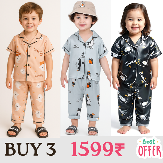 3 NIGHT SUITS COMBO FOR BOYS AND GIRLS (PRINTED DESIGN SKY BLUE PEACH MULTI) (
