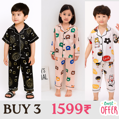 3 NIGHT SUITS COMBO FOR BOYS AND GIRLS (PRINTED DESIGN BLACK WHITE PEACH)