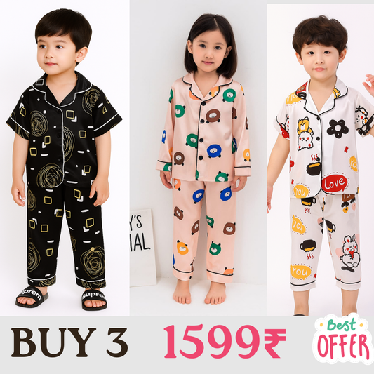 3 NIGHT SUITS COMBO FOR BOYS AND GIRLS (PRINTED DESIGN BLACK WHITE PEACH)