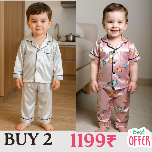 2 NIGHT SUITS COMBO FOR BOYS AND GIRLS (White and Printed)