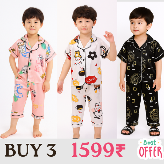 3 NIGHT SUITS COMBO FOR BOYS AND GIRLS (PRINTED DESIGN BLAKE PEACH WHITE)