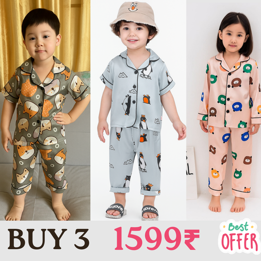 3 NIGHT SUITS COMBO FOR BOYS AND GIRLS (PRINTED DESIGN SKY BLUE PEACH MULTI)