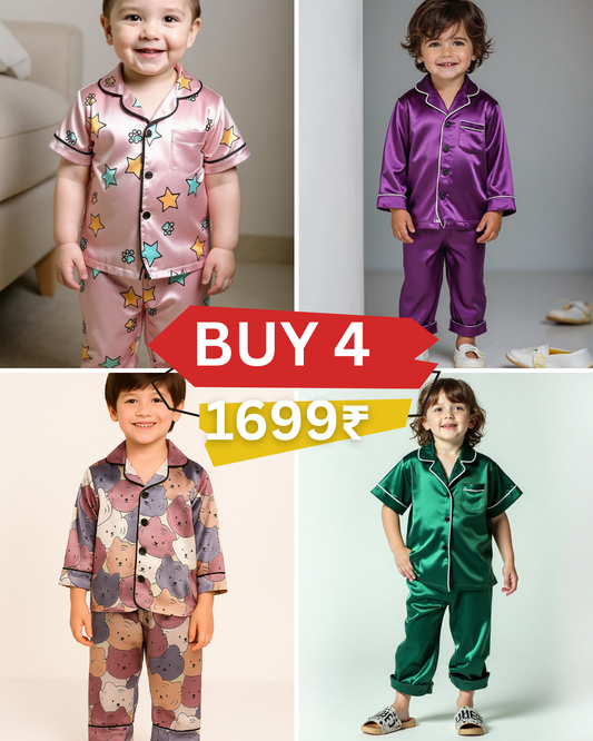 4 NIGHT SUITS COMBO FOR BOYS AND GIRLS (green+violet+printed)