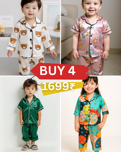 4 NIGHT SUITS COMBO FOR BOYS AND GIRLS (green+white+printed)