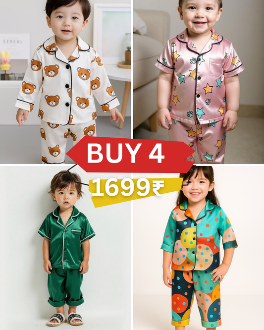 4 NIGHT SUITS COMBO FOR BOYS AND GIRLS (green+white+printed)